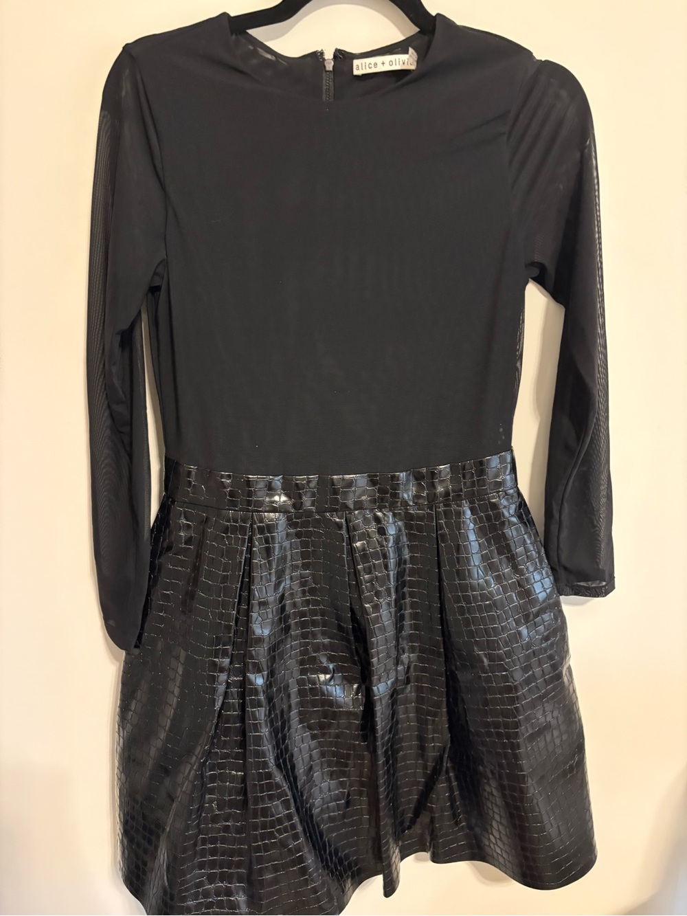 Alice + Olivia Black Long-Sleeve Dress with Faux Croc Skirt - Picture 2 of 3